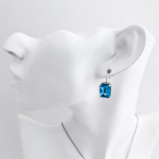 Aqua blue crystal silver emerald cut drop earrings House of Hats