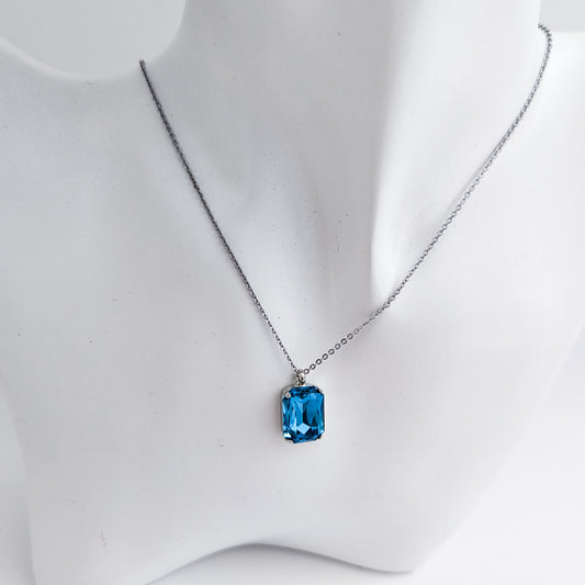 Aqua blue crystal silver emerald cut necklace