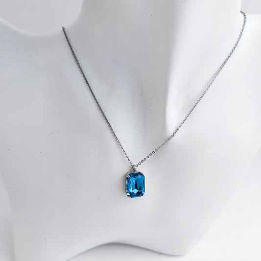Aqua blue crystal silver emerald cut necklace House of Hats