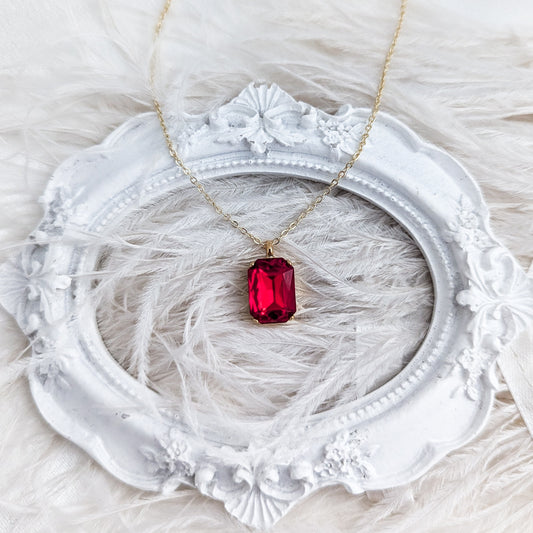 Red crystal gold emerald cut necklace