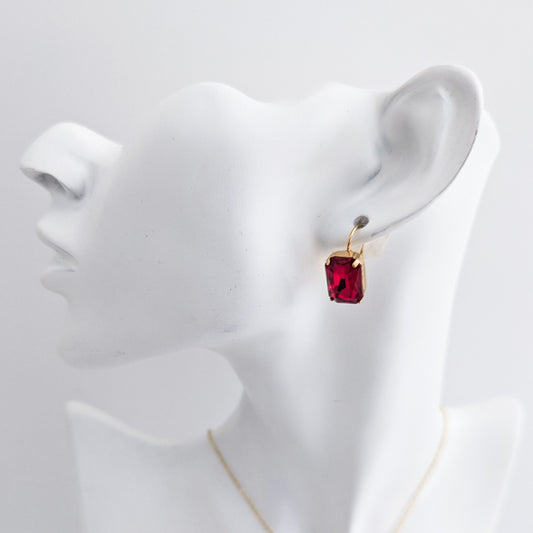 Red crystal gold emerald cut drop earrings