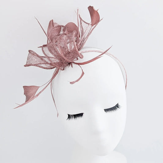 Rose gold shimmer feather fascinator hat House of Hats