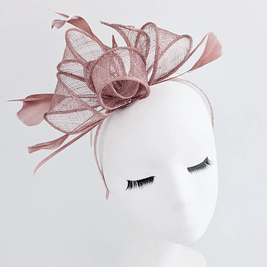 Rose gold shimmer feather fascinator hat House of Hats
