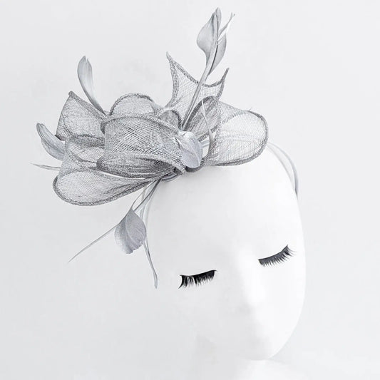 Silver shimmer feather fascinator hat House of Hats