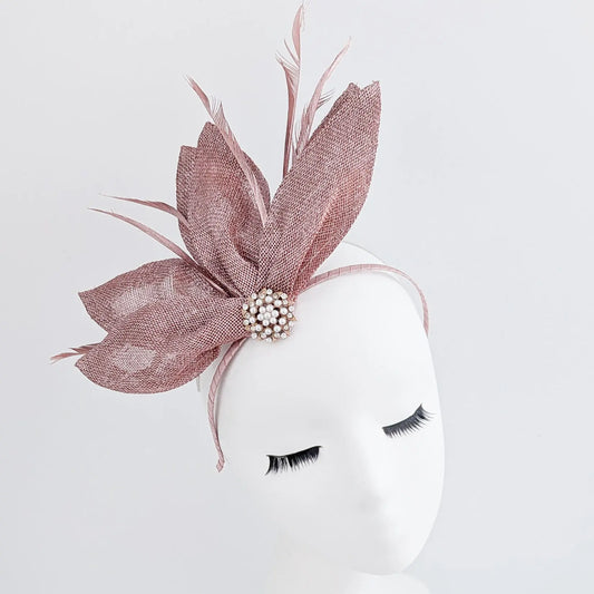 Rose gold shimmer feather petal fan fascinator hat House of Hats