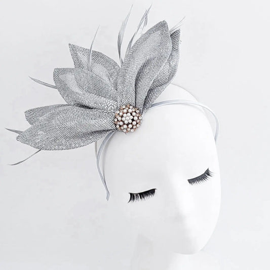 Silver shimmer feather petal fan fascinator hat House of Hats