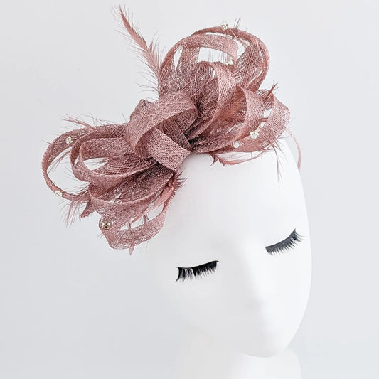 Rose gold shimmer crystal feather fascinator hat House of Hats