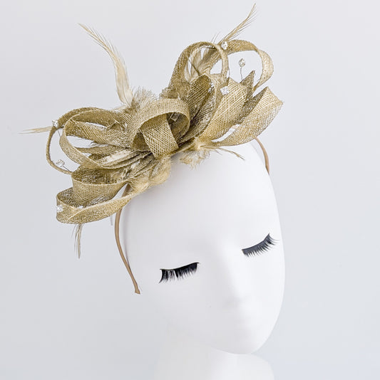 Gold shimmer crystal feather fascinator hat
