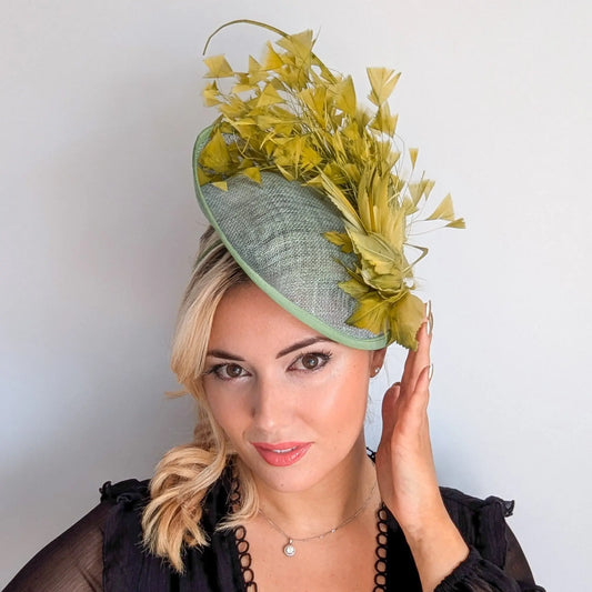 Chartreuse green feather disc fascinator hat House of Hats