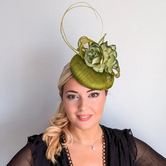 Olive green flower fascinator hat House of Hats