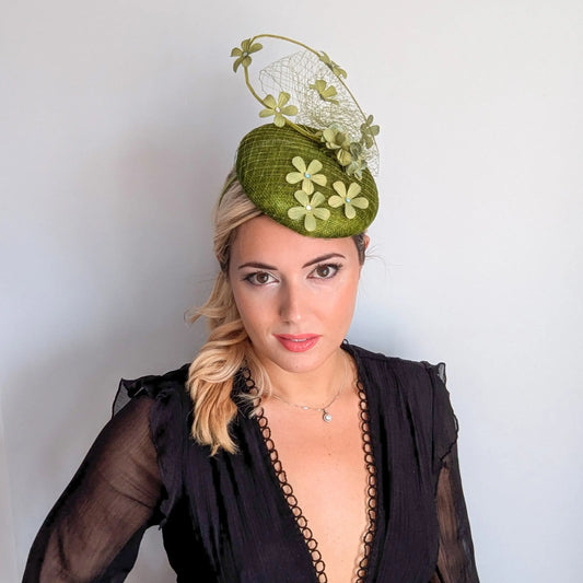 Olive green flower fascinator hat House of Hats
