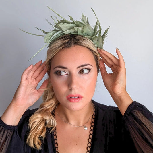 Sage green feather satin headband fascinator House of Hats