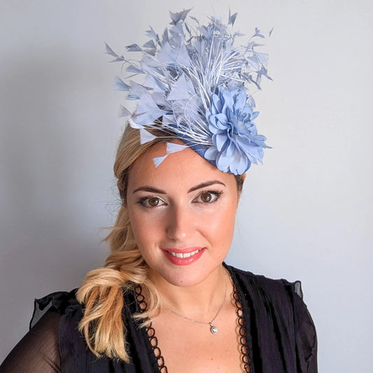 Light dusty purple flower feather fascinator hat House of Hats