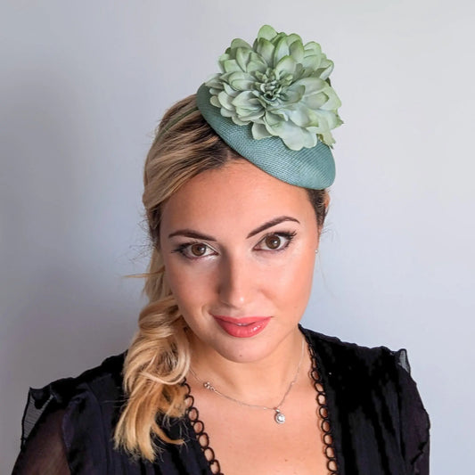 Sage green ombre flower fascinator hat House of Hats