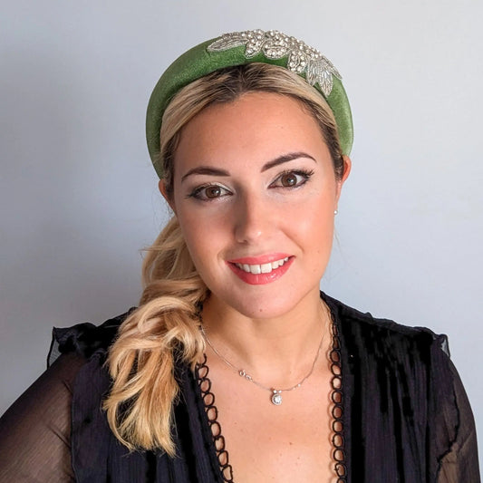 Sage green crystal padded velvet headband fascinator House of Hats