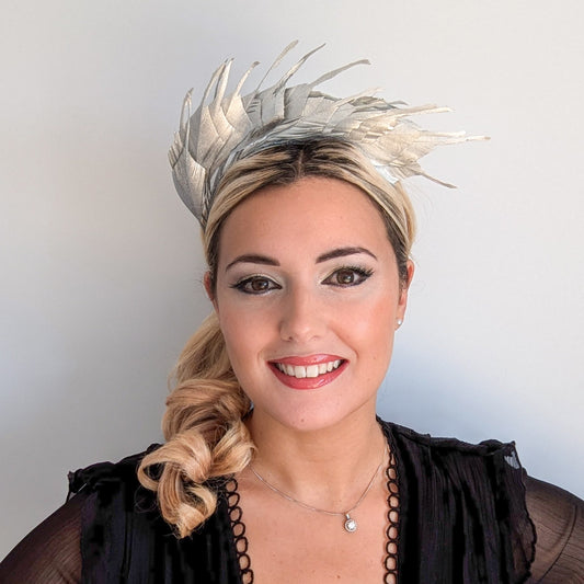 Silver metallic shimmer feather headband fascinator