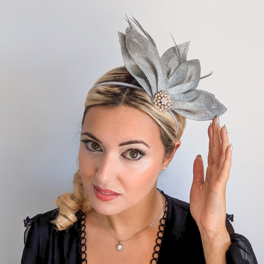 Silver shimmer feather petal fan fascinator hat