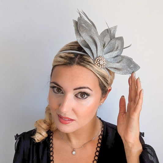 Silver shimmer feather petal fan fascinator hat House of Hats