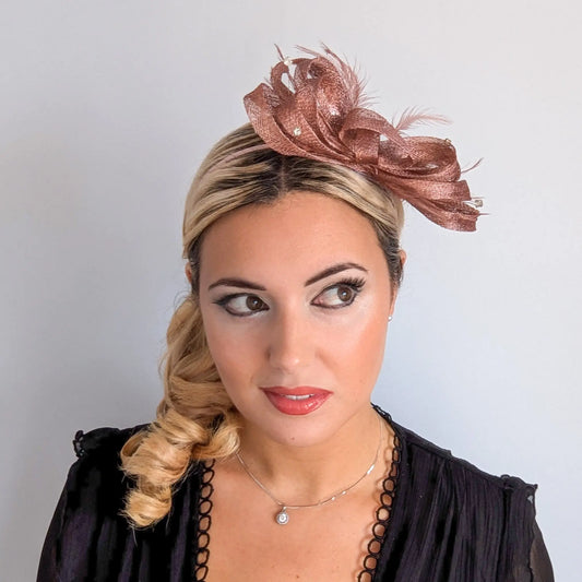 Rose gold shimmer crystal feather fascinator hat House of Hats