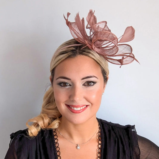 Rose gold shimmer feather fascinator hat House of Hats