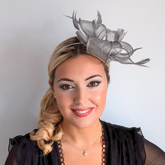Silver shimmer feather fascinator hat House of Hats