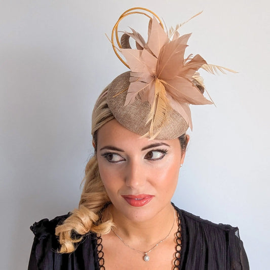Nude blush pink feather fascinator hat House of Hats