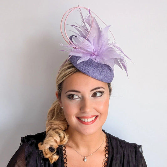Lavender and lilac purple feather fascinator hat House of Hats