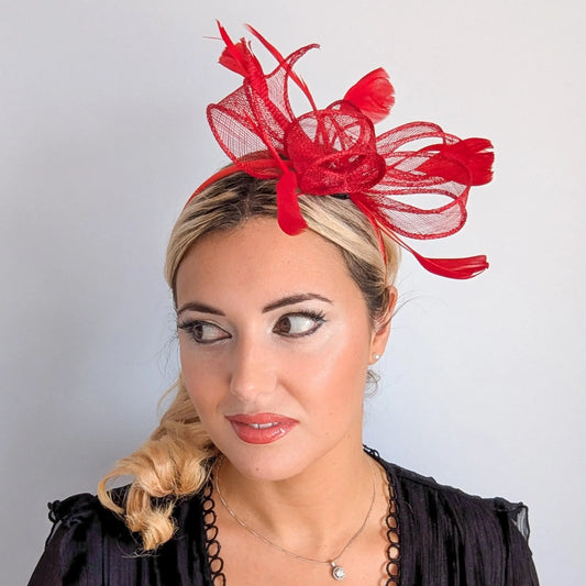 Red feather fascinator hat House of Hats