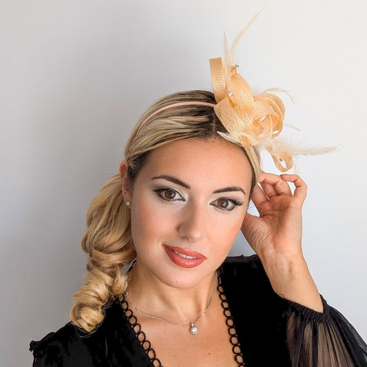 Light peach crystal feather fascinator hat