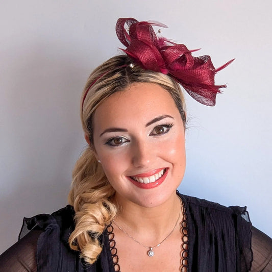 Burgundy crystal feather fascinator hat House of Hats
