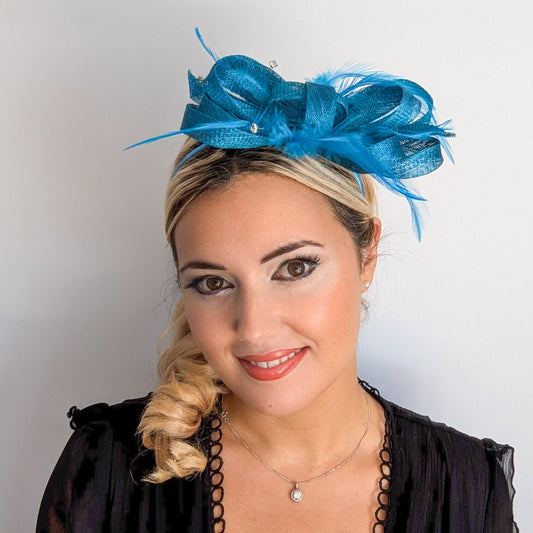 Dark aqua blue crystal feather fascinator hat