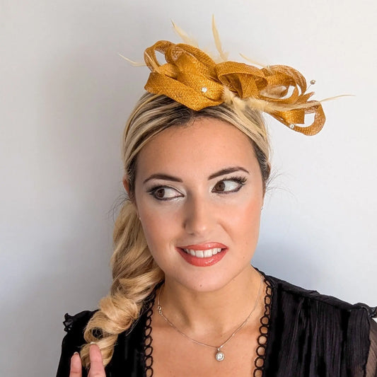 Golden yellow crystal feather fascinator hat House of Hats