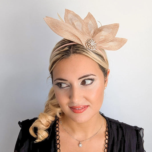 Beige peach feather petal fan fascinator hat House of Hats