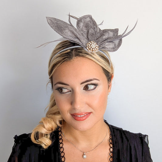 Grey feather petal fan fascinator hat