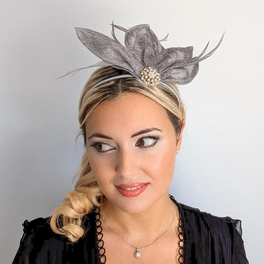 Grey feather petal fan fascinator hat House of Hats