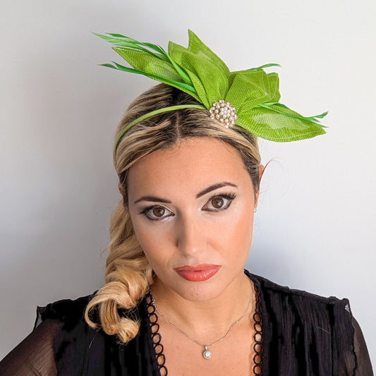 Matcha lime green feather petal fan fascinator hat