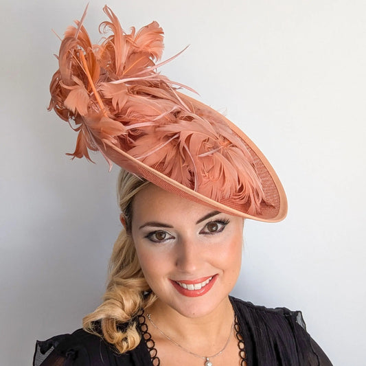Terracotta dusty pink large feather saucer disc fascinator hat House of Hats