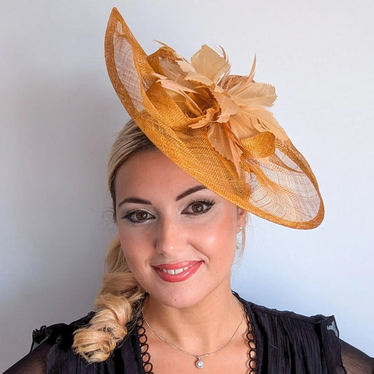 Golden yellow feather large teardrop fascinator hat House of Hats