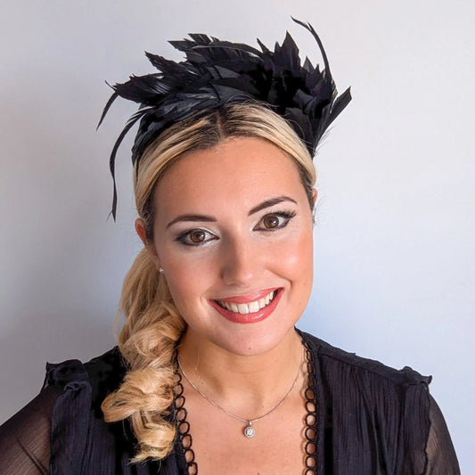 Black feather satin headband fascinator House of Hats
