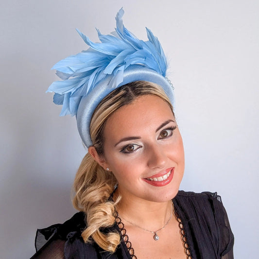Light cornflower blue feather padded velvet headband fascinator House of Hats