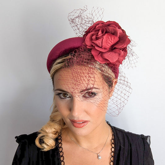 Burgundy flower padded velvet headband fascinator