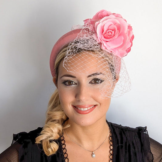 Light pink flower padded velvet headband fascinator