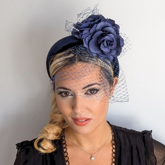 Navy blue flower padded velvet headband fascinator