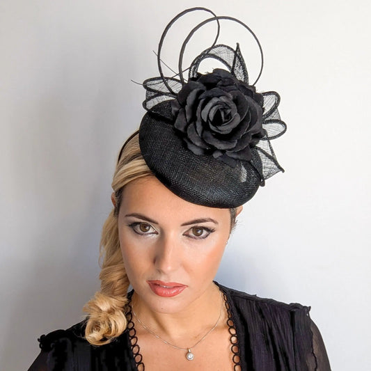 Black flower fascinator hat House of Hats