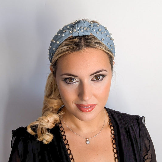 Light denim crystal pearl knot headband fascinator
