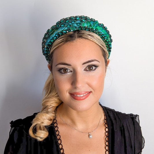 Emerald green crystal padded satin headband fascinator