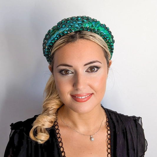 Emerald green crystal padded satin headband fascinator House of Hats