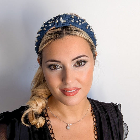 Dark denim crystal pearl knot headband fascinator