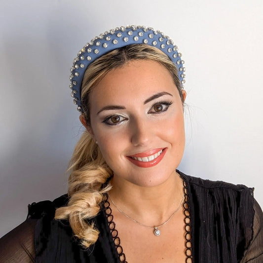 Dark dusty blue crystal padded headband fascinator House of Hats