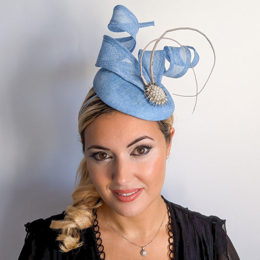 Light cornflower blue pearl fascinator hat